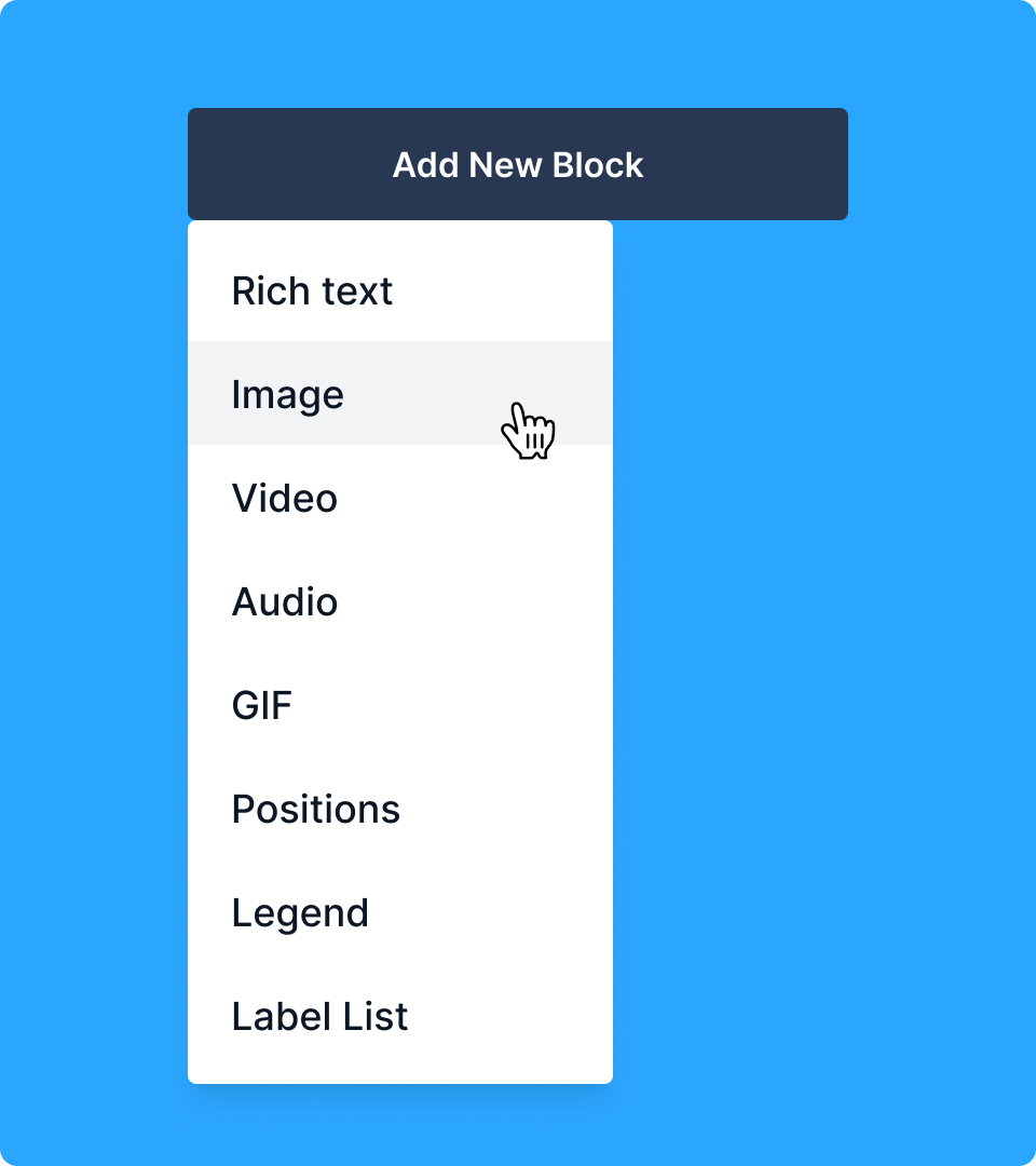 Drop-down menu containing: Rich text, Image, Video, Audio, GIF, Positions, Legend, and Label List.